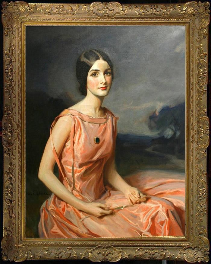 Hand Painted Female Portrait Oil Painting Lady in Pink Satin Dress Woman Art
