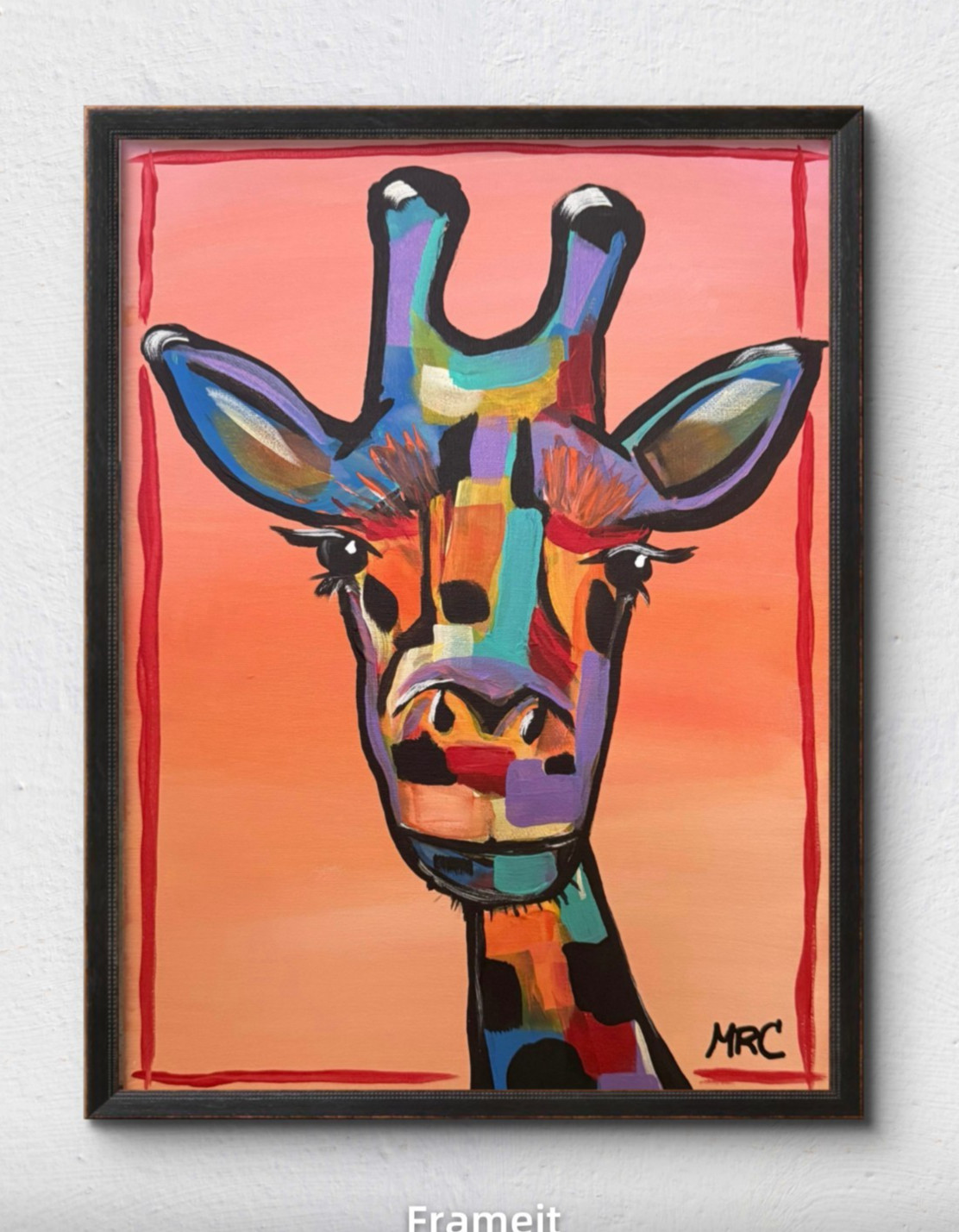 Original Animal Painting 12×16 Giraffe Acrylic Wall Art Red Expressionist Signed