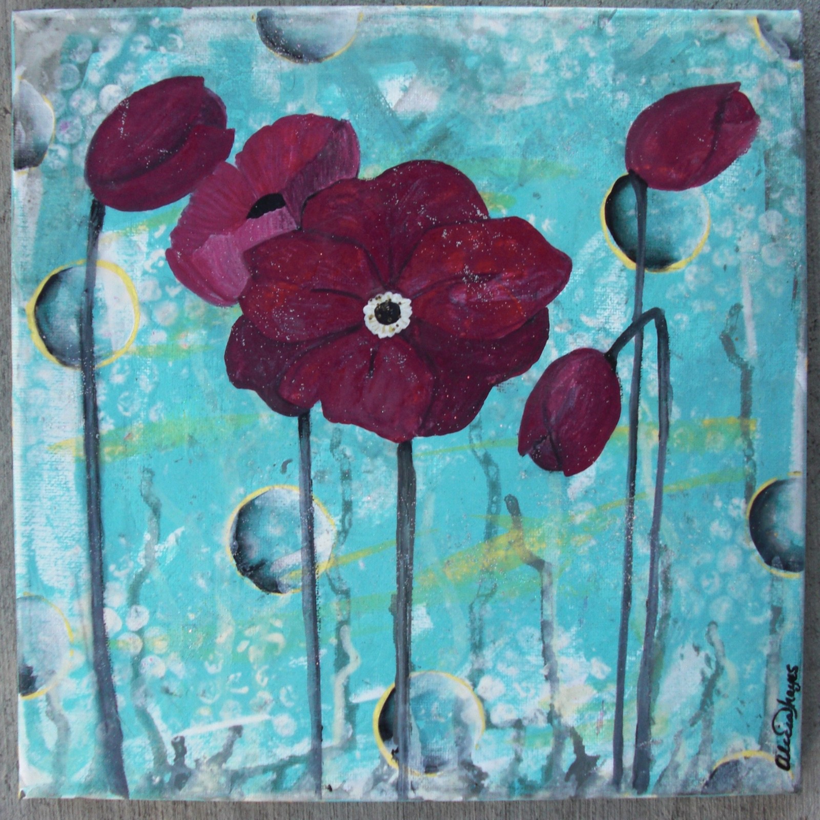 Original Mixed Media Painting Red Poppies Small Floral Art, Alicia Hayes