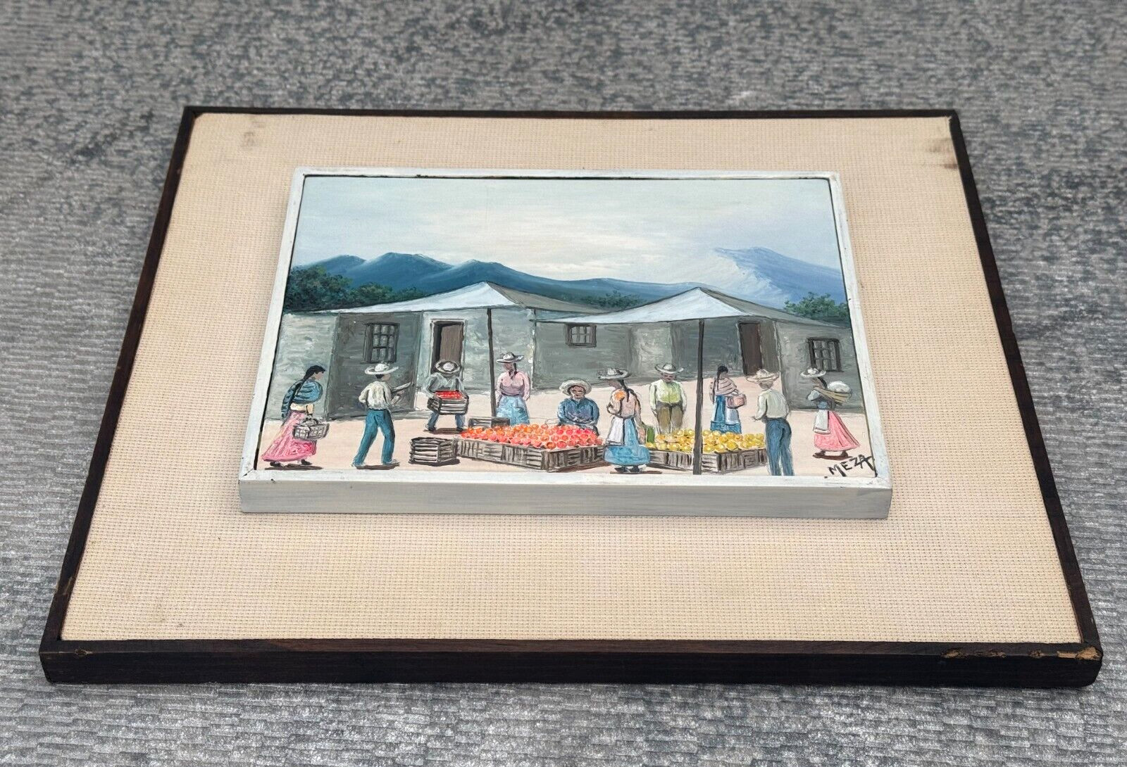 MEZA SIGNED OIL PAINTING SPANISH MARKET STREET VENDORS SOUTH AMERICAN ANDES ART