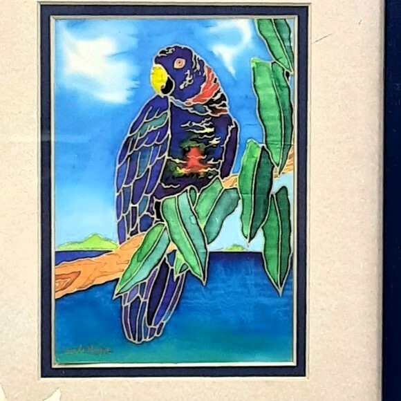 Cloisonne Style Water Colored Framed and Matted Beautiful Multi-Colored Parrot