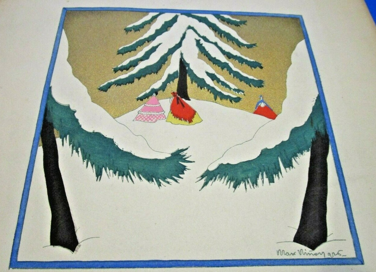 Art Deco Winter Scene Gouache Pochoir Max Nimoy Ladies in Snow Print French