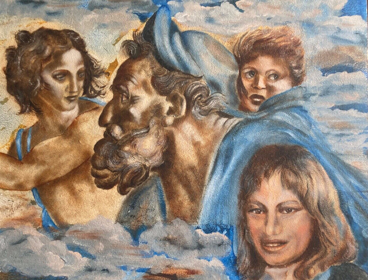 Oil painting signed. Wollenweber Jesus and his angels persons surrealism