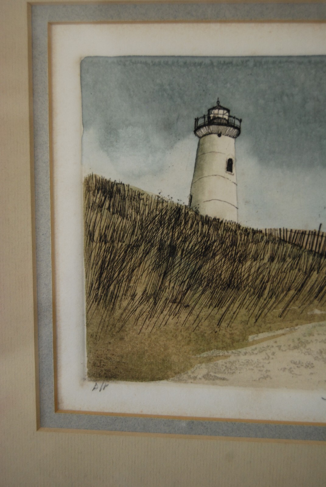 VTG FRAMED FRANK KACZMAREK SIGNED A/P COLORED ETCHING «STORM FENCE» LIGHTHOUSE