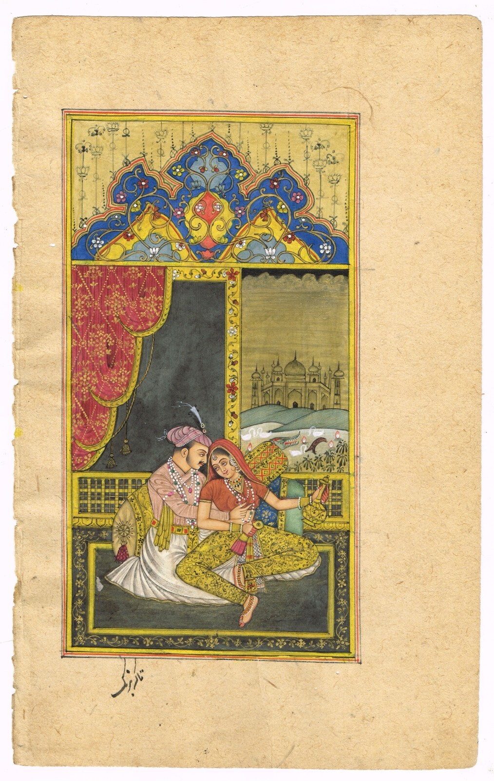 Mughal Miniature Painting Of Love Scene Art Gold & Gouache Pigment 6.5×11 Inches