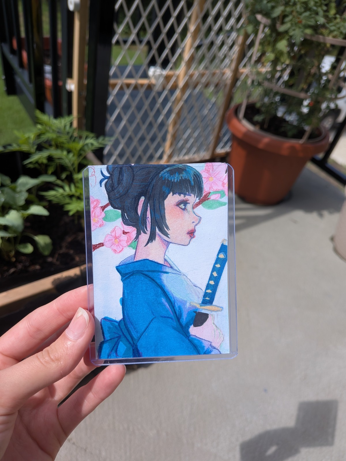 ACEO ORIGINAL OOAK- Girl, Blue, Kimono, Sword, Flowers,cherry blossom,