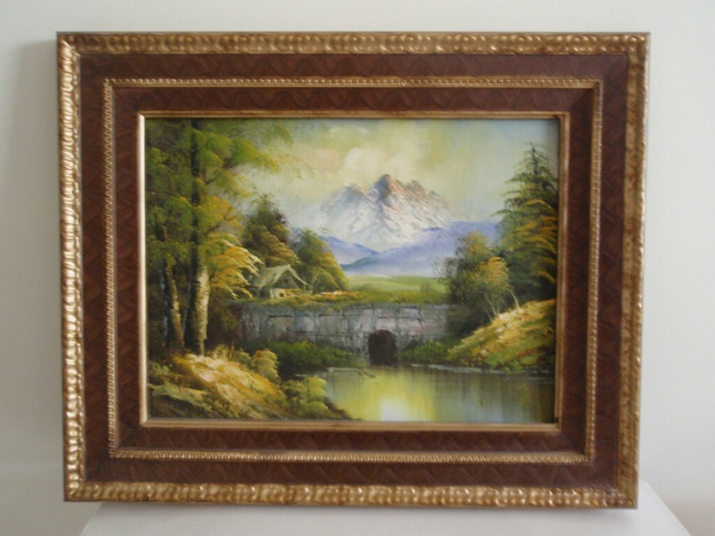 Acrylic on Canvas Mountain Bridge Landscape Painting Art Wall Framed – 21.5×17.5