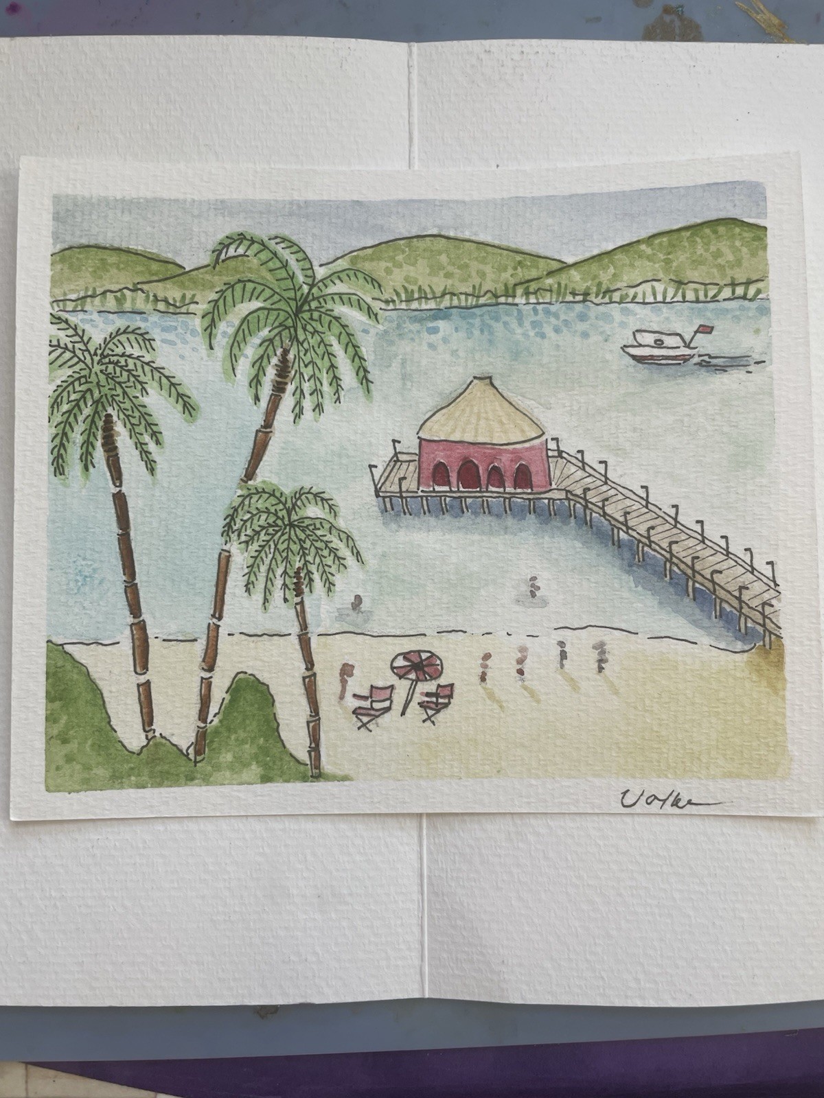 OOAK Ocean Beach Pier Tropical Island Landscape Watercolor Painting Coastal Core