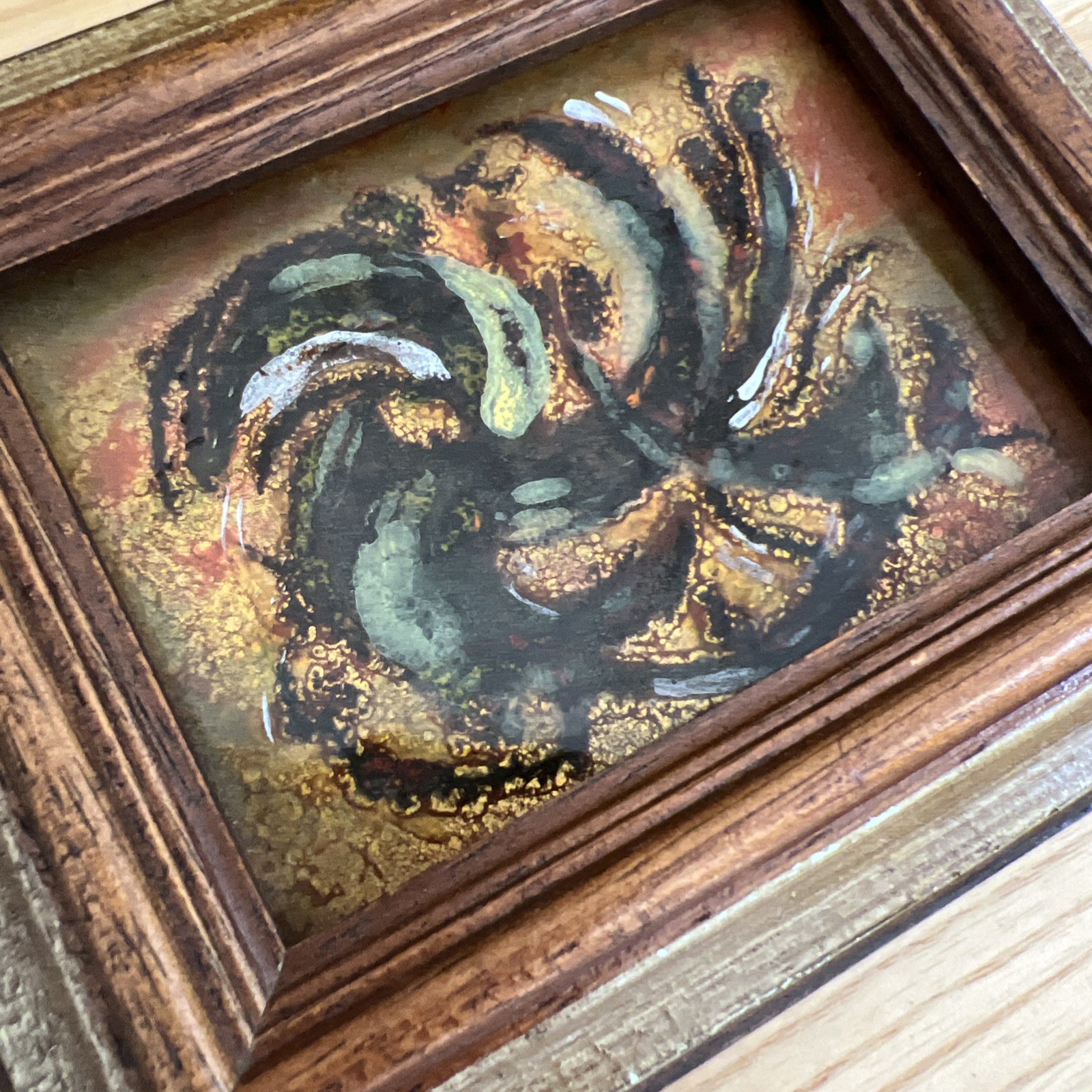 Enamel on Copper Abstract Small Original Art from CA Gold-Tone Wood Frame 1960s