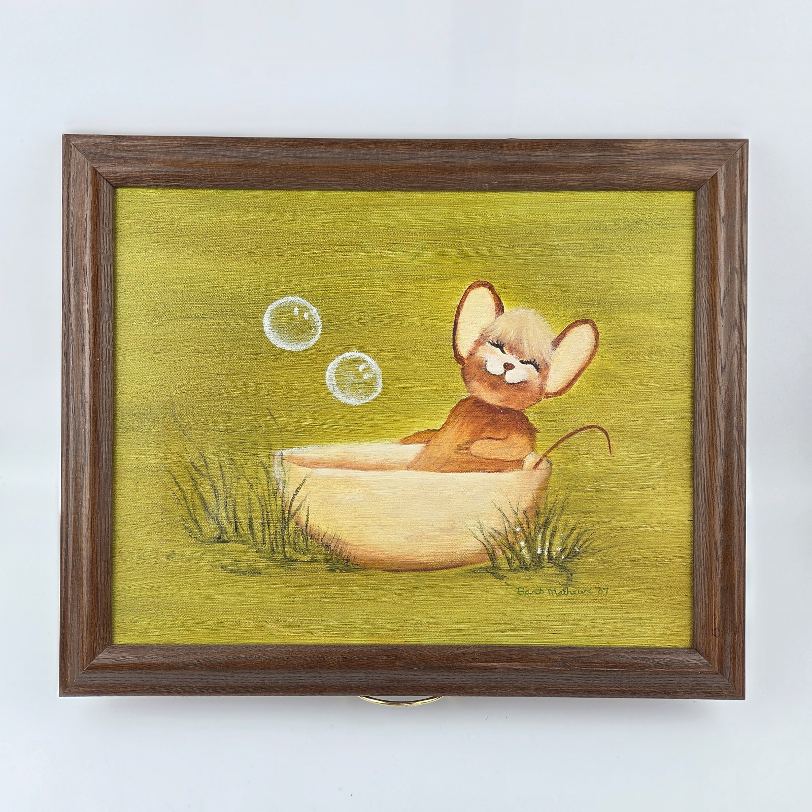 Framed Mouse Bath Painting Mid Century Style Signed 13×16″ Whimsical