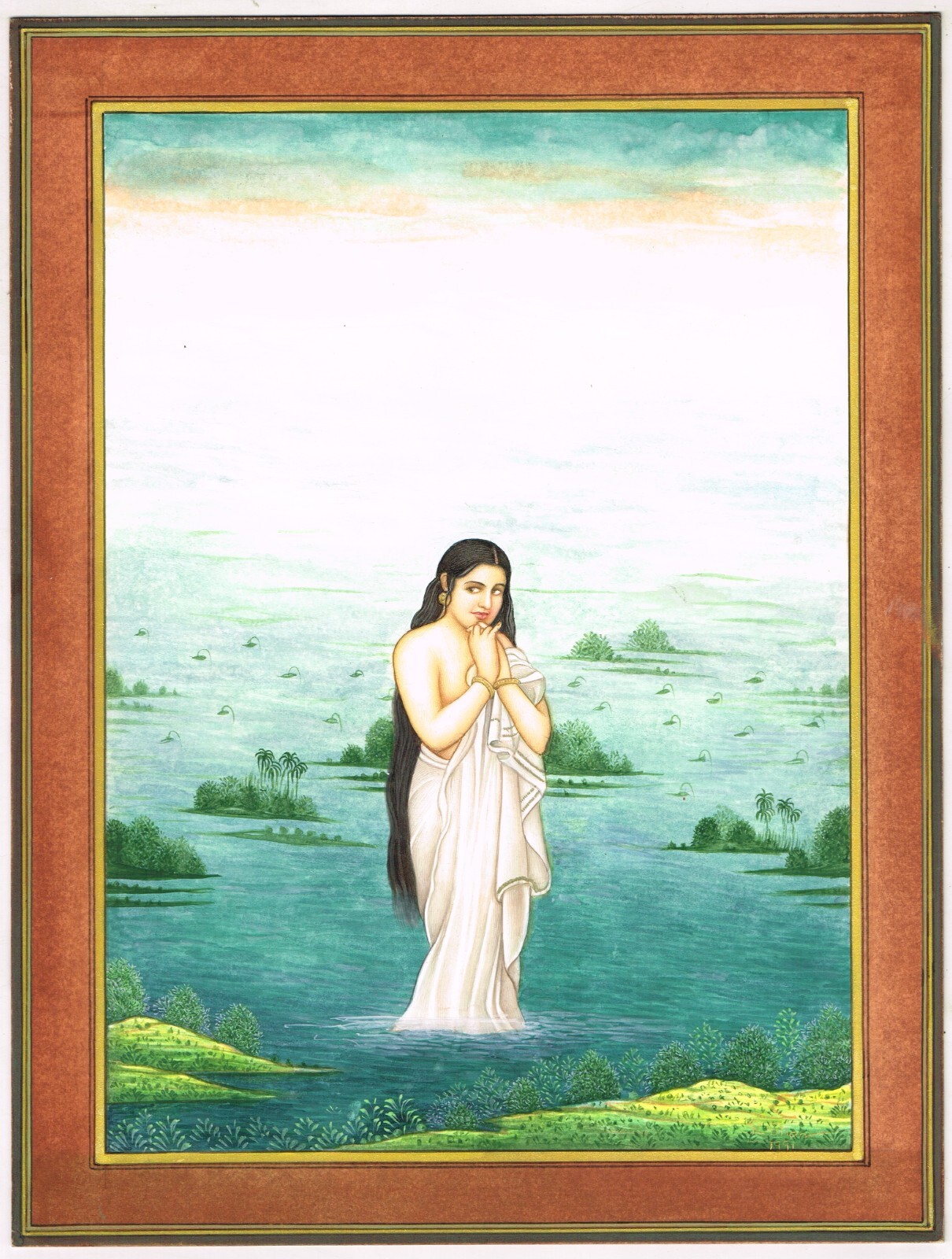Handmade Woman Painting Of Semi Nudes Ladies In Lake On Paper 10.5×13.5 Inches