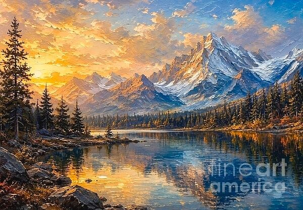 new hand made Painting on 24″*16″ canvas Serene Mountain Lake Sunset by Wendy