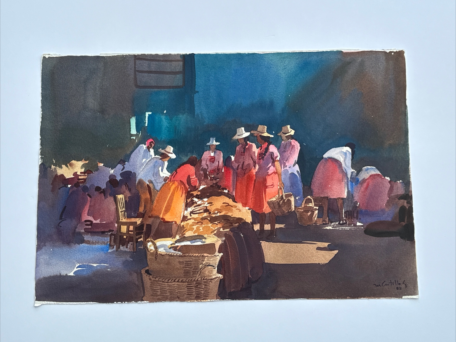 VINTAGE IMPRESSIONISM PAINTING MEXICO STREET SCENE VENDORS MARKET CASTILLO