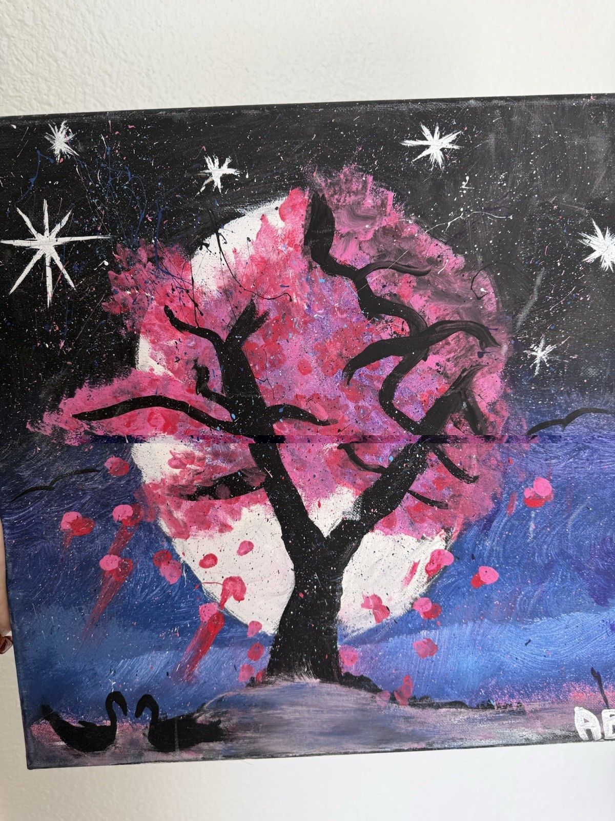 AB Original Abstract Tree Moon Swans Night Sky Acrylic Painting on Canvas