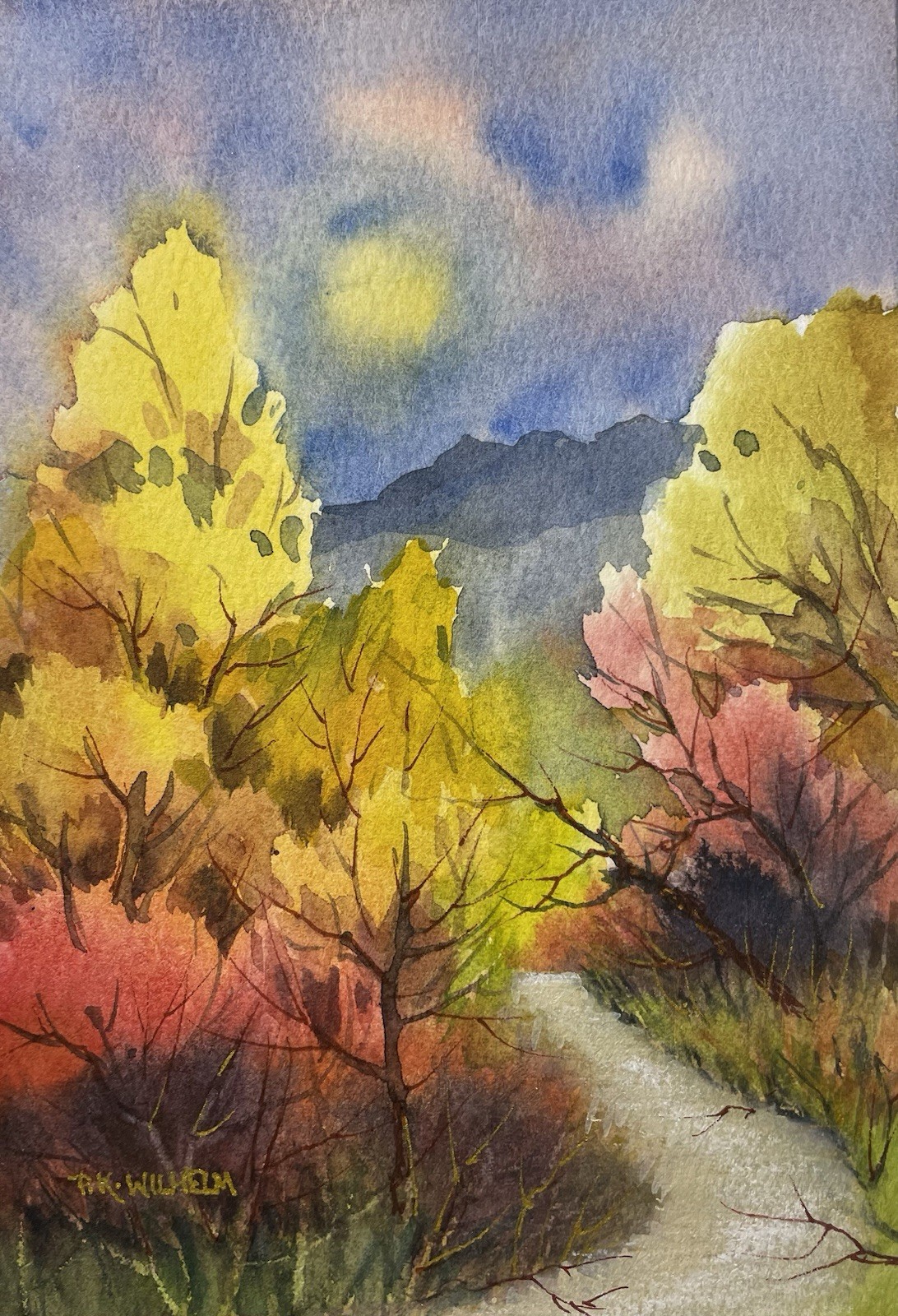 Pamela Wilhelm Watercolor 5”x7” Original Night Glow Trail Trees Mountains