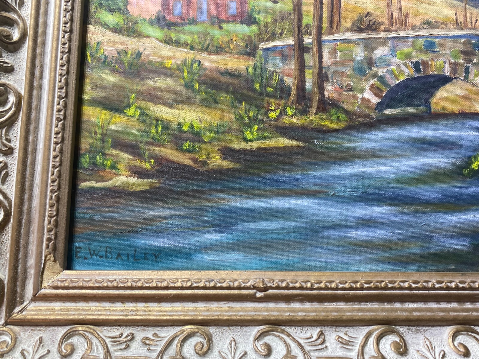 E.W Bailey «Stone Bridge And River Landscape Scene » Oil Painting -Signed/Framed