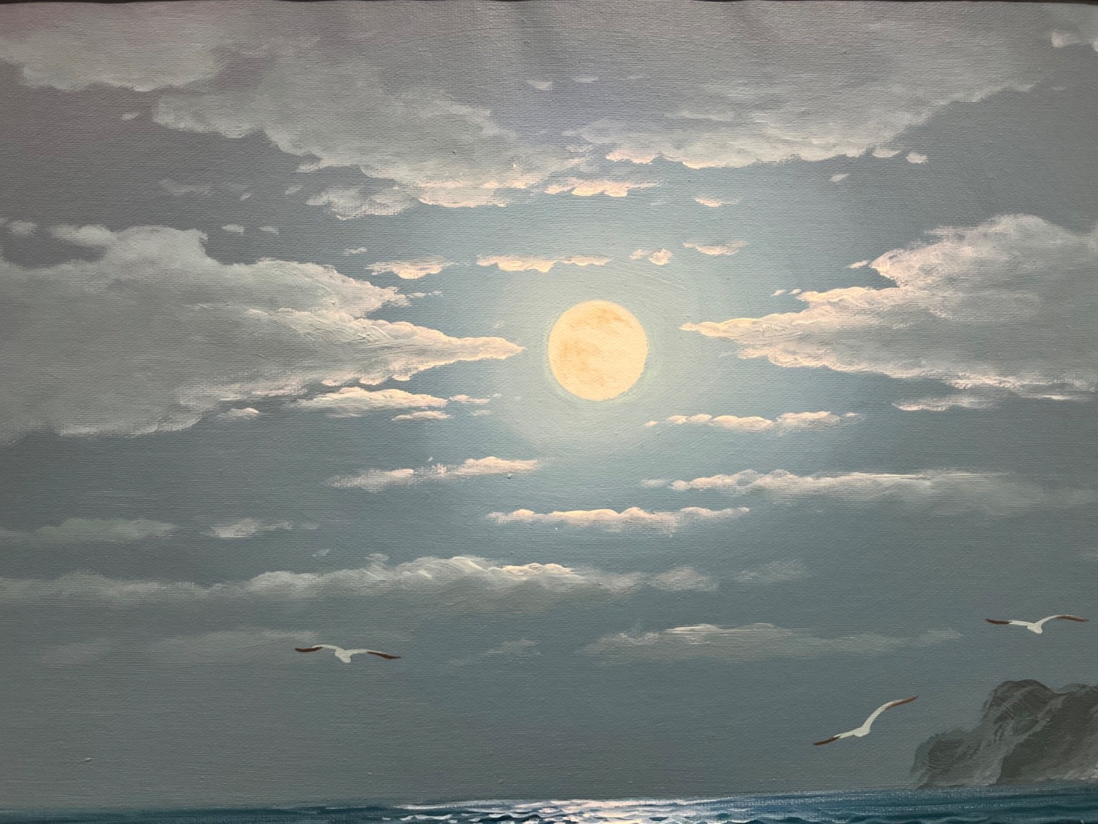 Oil Painting 24×36″ Ocean waves falling under night sky, lighthouse, seagulls