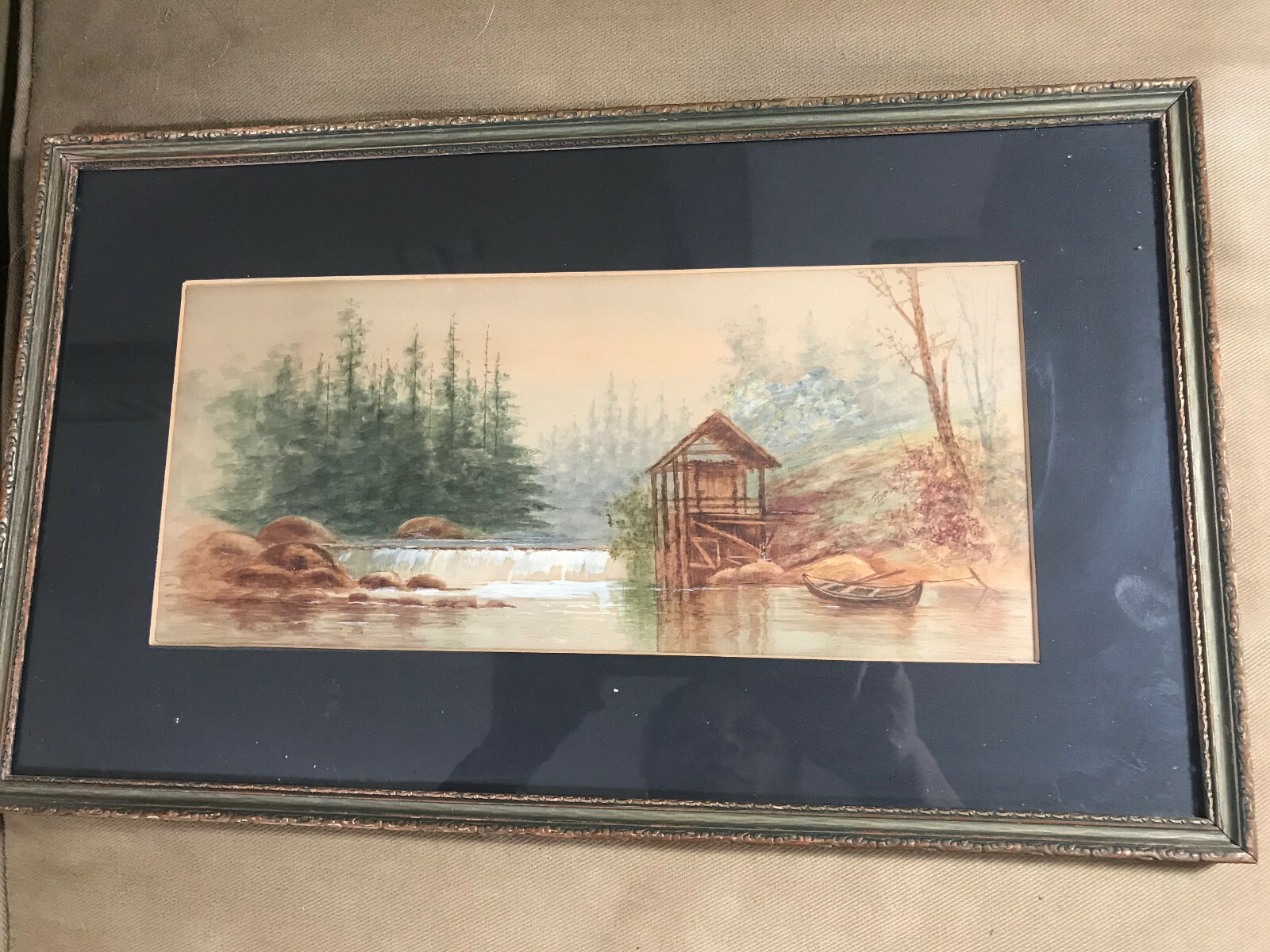 Antique «River And Landscape Scene» Watercolor Painting – Framed