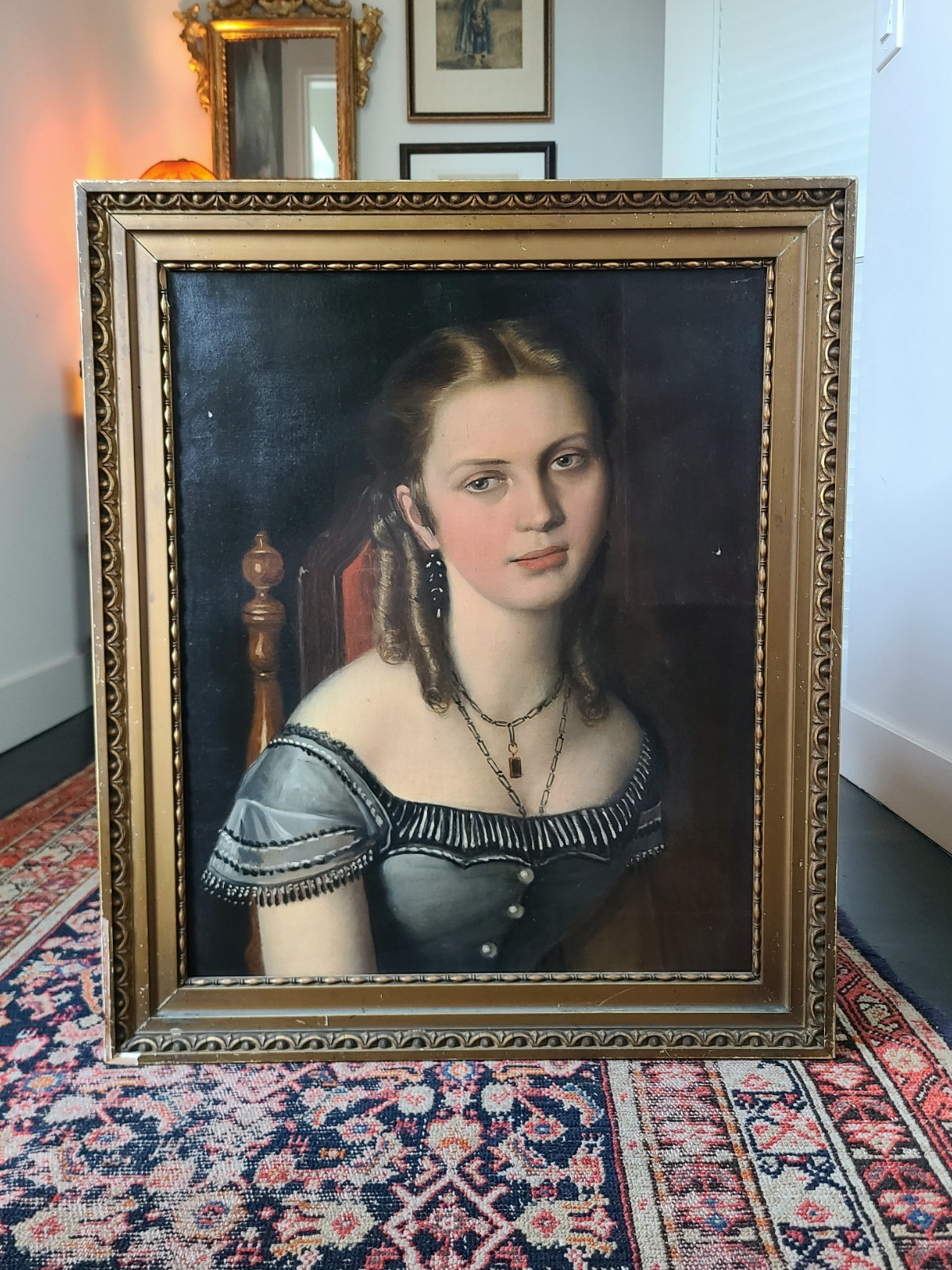 Antique 19th Century Oil Painting Portrait of a Victorian Gothic Young Lady