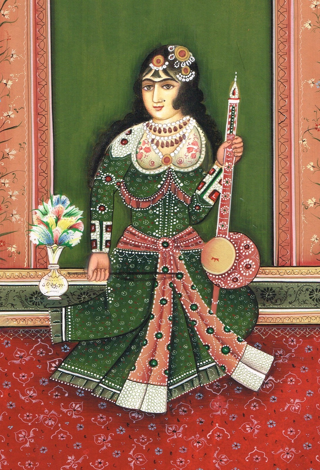 A Qajar Beauty Playing Musical Instrument – Persian Art Painting 9.5×13.5 Inches