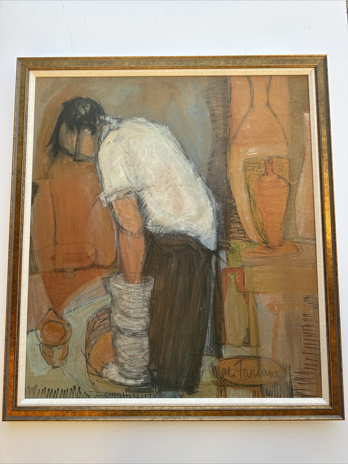 LARGE MID CENTURY PAINTING PORTRAIT POTTERY ARTIST STUDIO MODERNIST MACFARLANE