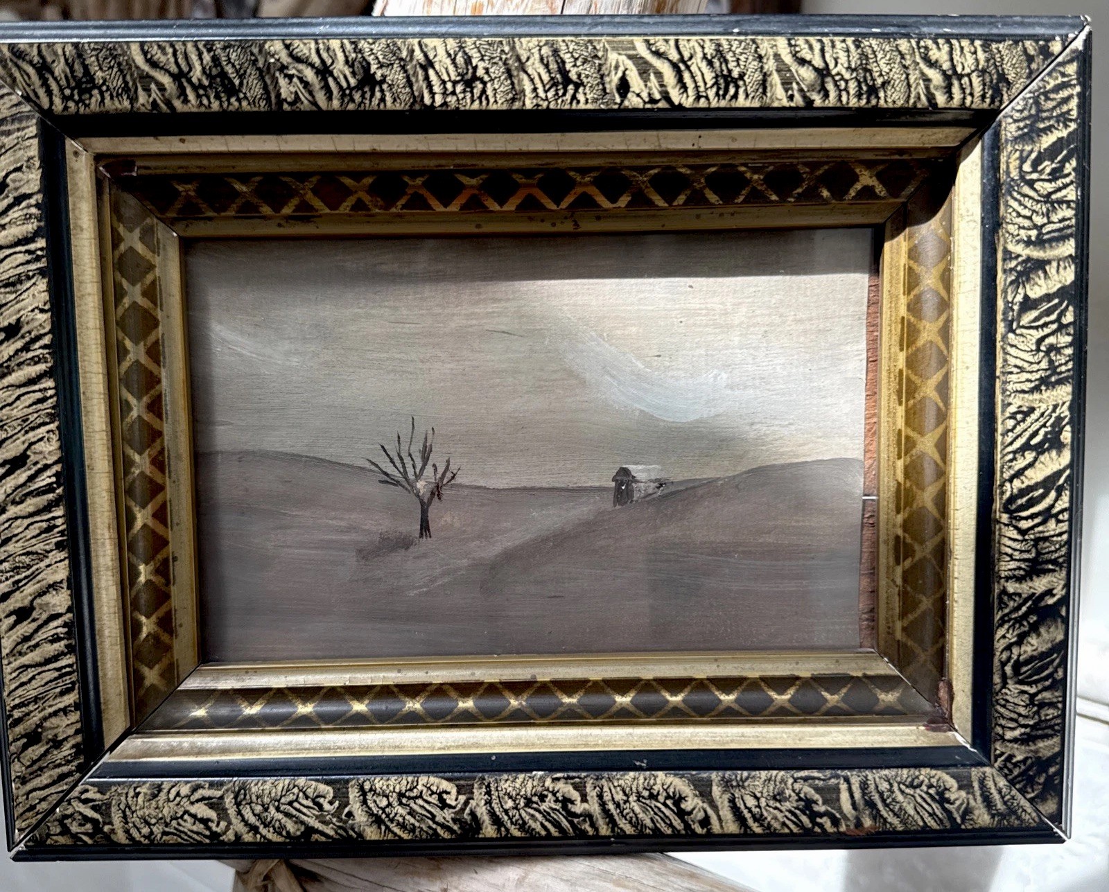 Antique Painting Framed under Glass Gray Tones Barn and Tree on paper AS IS