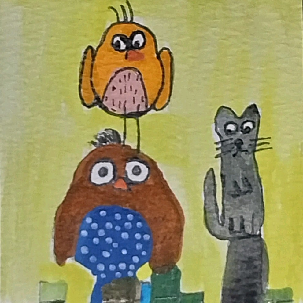 ACEO ATC Original Painting Birds Bird Cat Whimsical Animals 3.5×2.5 Paper By GAT