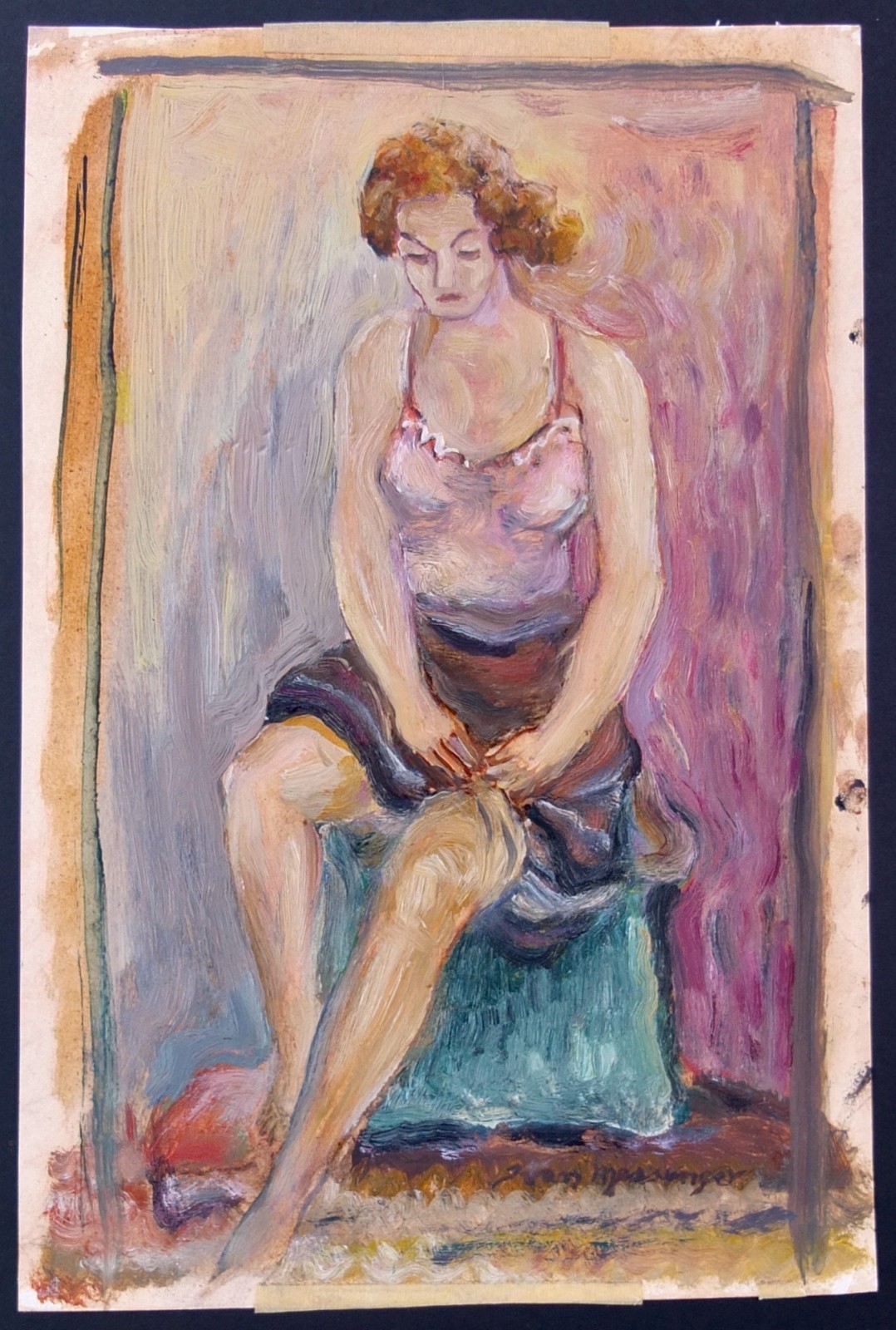 Ivan Messenger Oil Painting On Cardboard Lady And Garter Signed 13 5/8″ X 8 5/8″