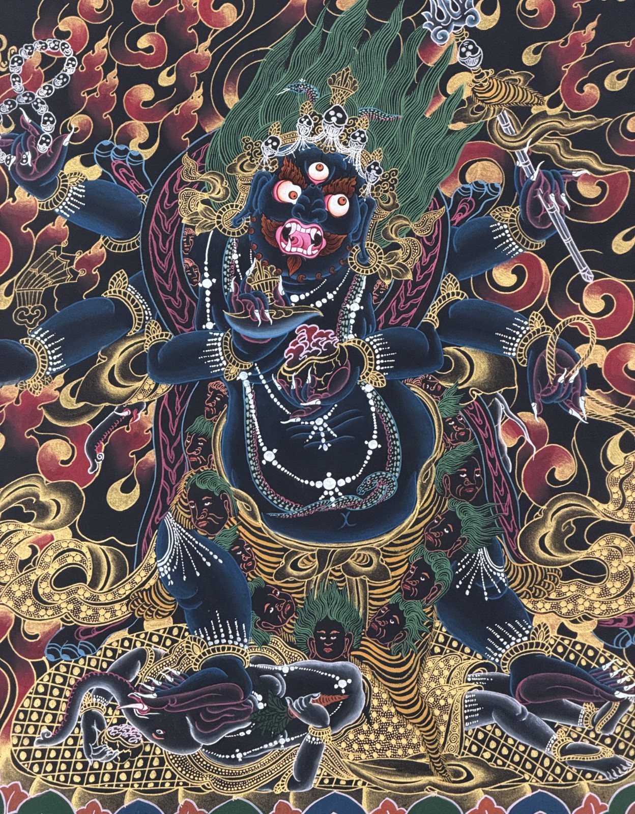 SIX ARMED MAHAKALA PROTECTOR ORIGINAL TIBETAN THANGKA PAINTING- OIL VARNISHED