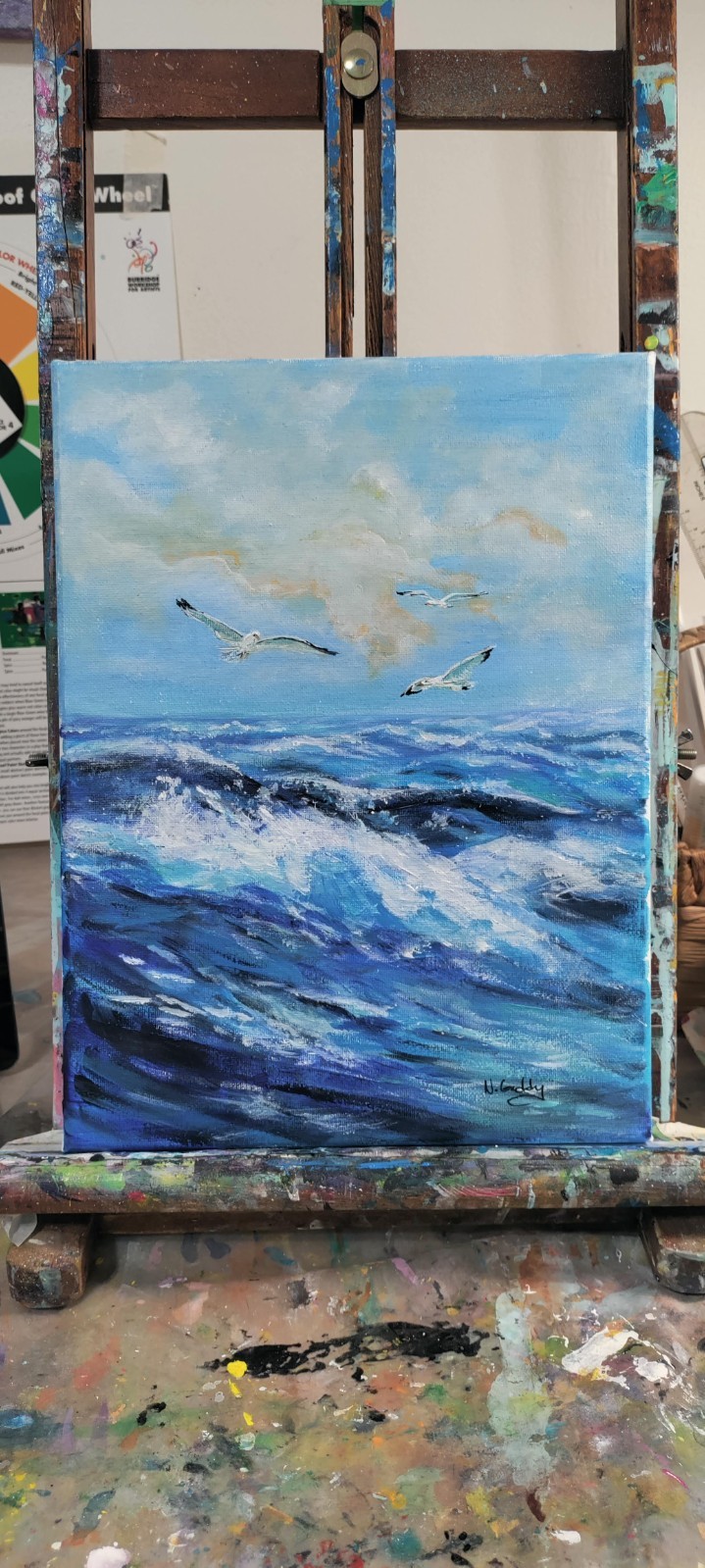 Original Expressionism 9 x 12 Blue Ocean Waves Acrylic Wall Canvas Art Painting