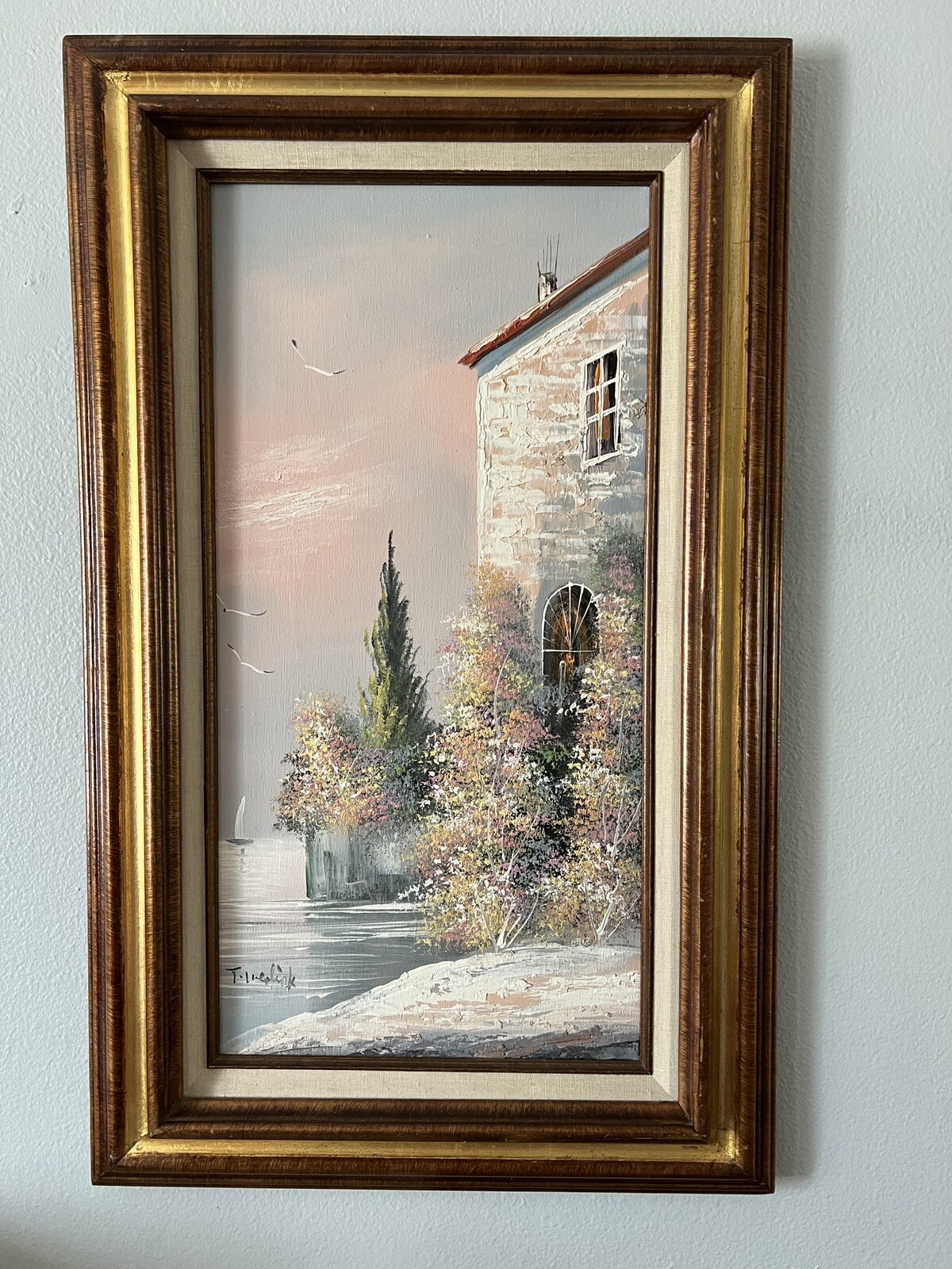 Vtg Oceanside Villa Pastel Floral Oil Painting On Canvas Signed Wood Frame