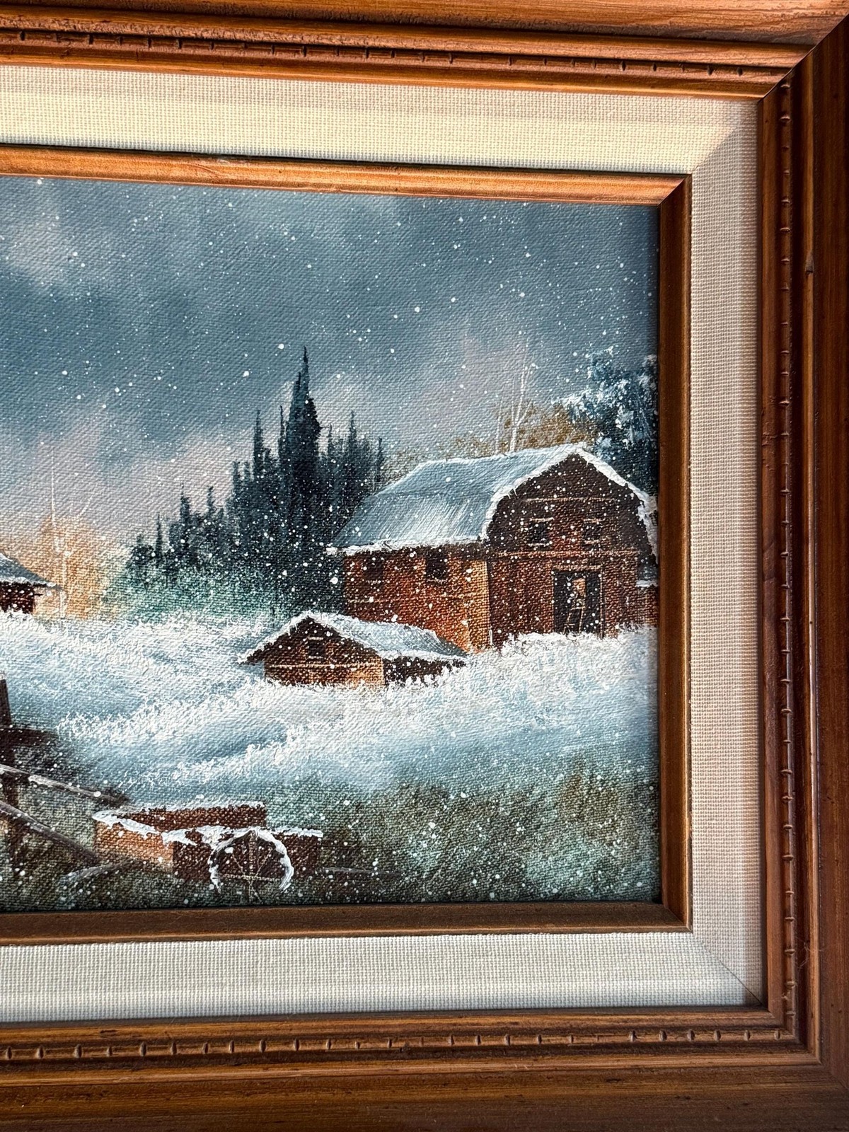 Vintage Original Signed Framed Winter Farm Landscape Oil Painting on Canvas