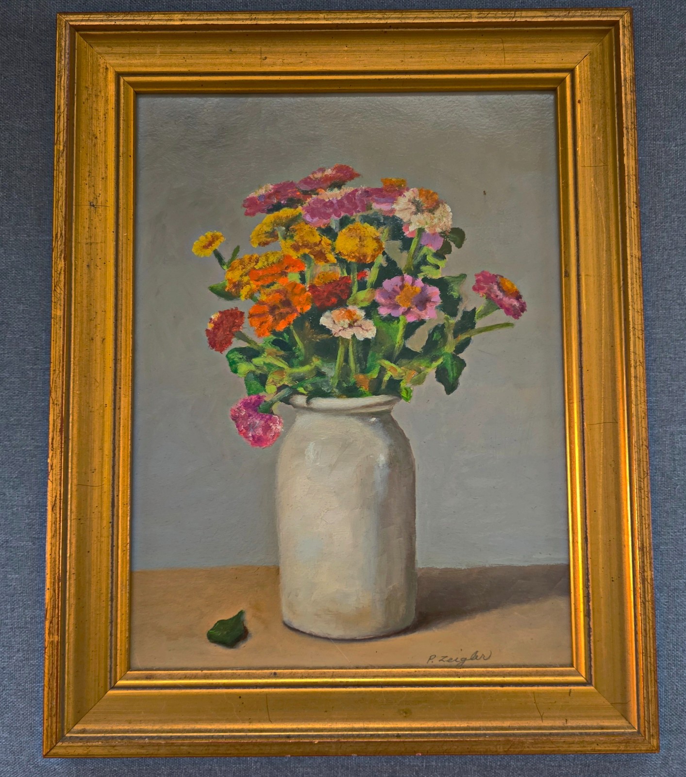 P. ZEIGLER/PATTI ZEIGLER, ZINNIAS WITH JUG (20thC), OIL ON BOARD, 12×9, SIGNED