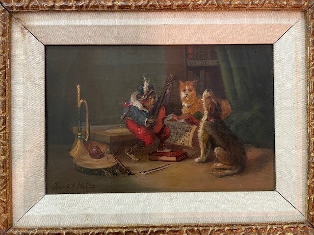 Early Oil Painting Pair, Monkey & Dogs – Animal Antics, Signed