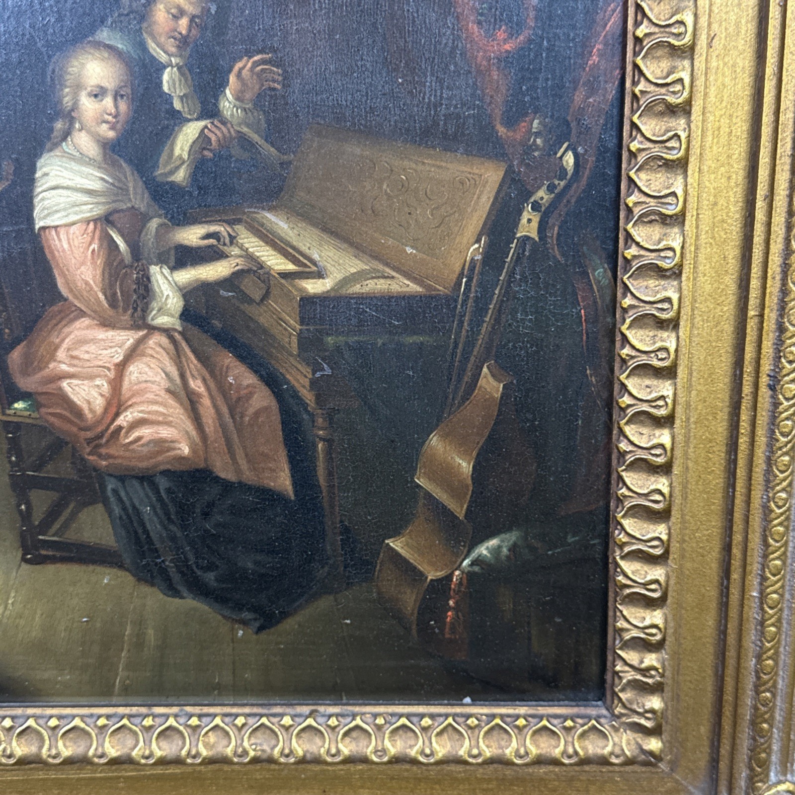 19thC Continental School Oil On Copper Painting Piano Lesson Framed 18×19”