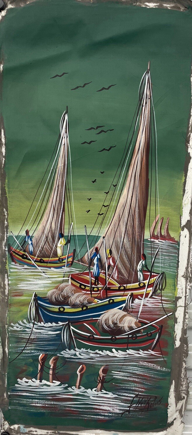 Original Haitian oil hand painting 12in x 30in sailboats fishing birds ocean