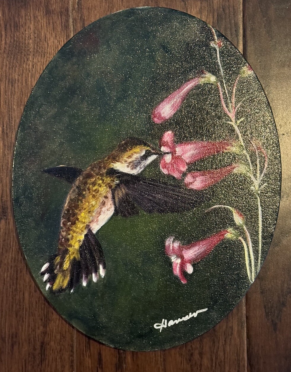 Oval Hummingbird Hovering Over Pink Flowers Painting, Signed, 11”x14”