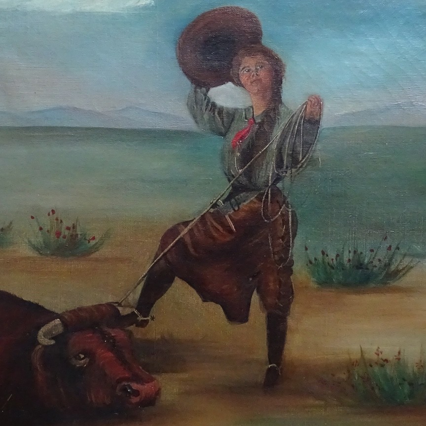 Antique Original Oil Painting on Canvas COWGIRL Roping A Bull Framed 17×16 in
