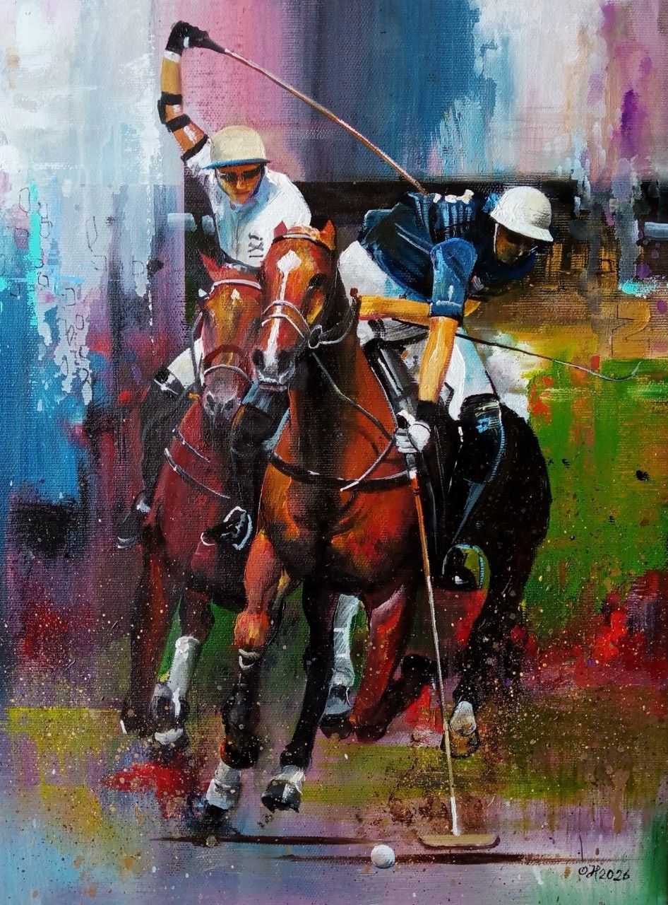 Original Oil Painting Polo Match Horse Racing Sport Art Canvas 40×30 cm