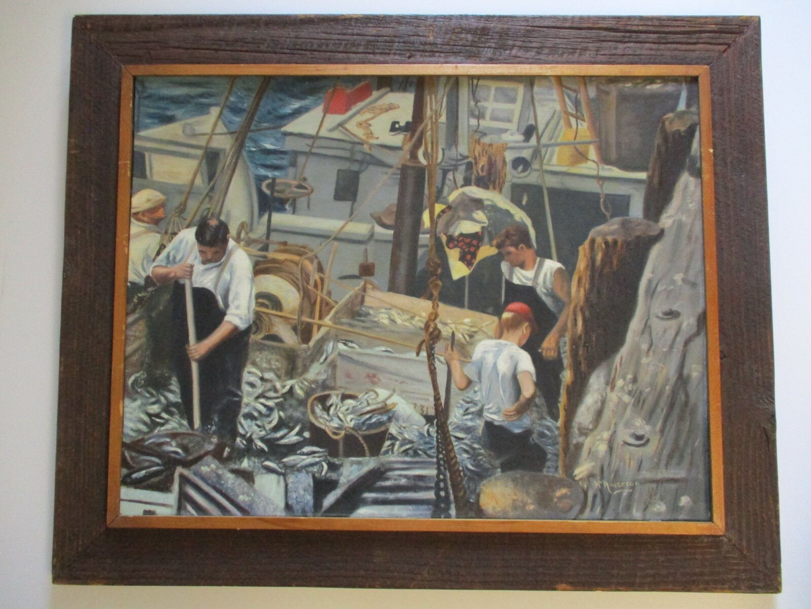 Antique Painting Fisherman Workers Industrial Regionalism Wpa Style Nautical Oil