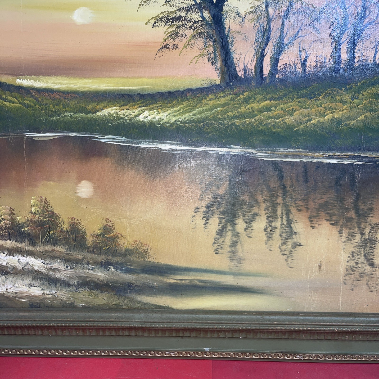 Vintage H. Brown Oil On Canvas Landscape Painting ART WORK Wood Frame 25”x36”