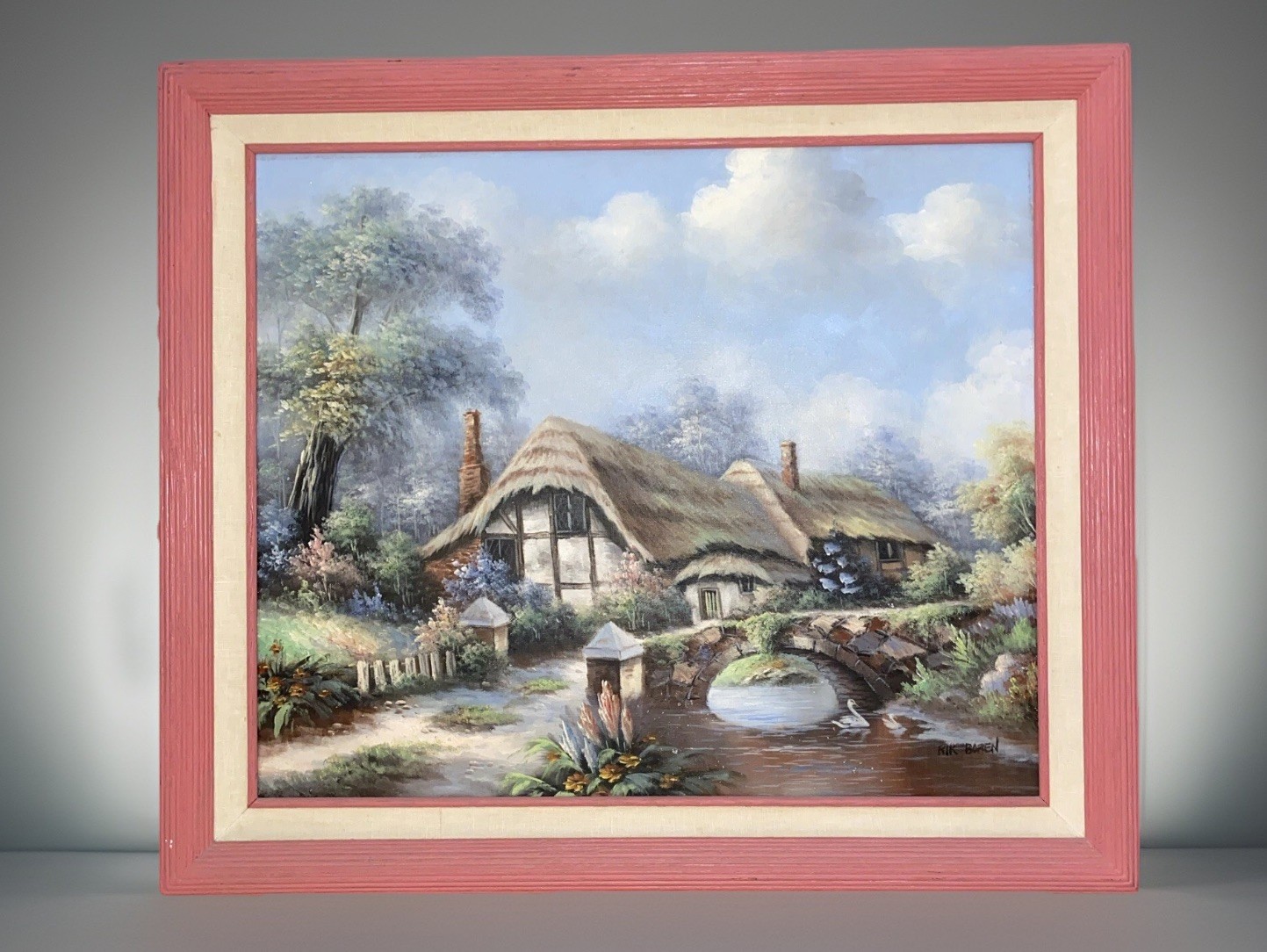 Vntg Oil Painting Cottage Scene by Rik Boren Signed Canvas Framed 29” X 25” Rare