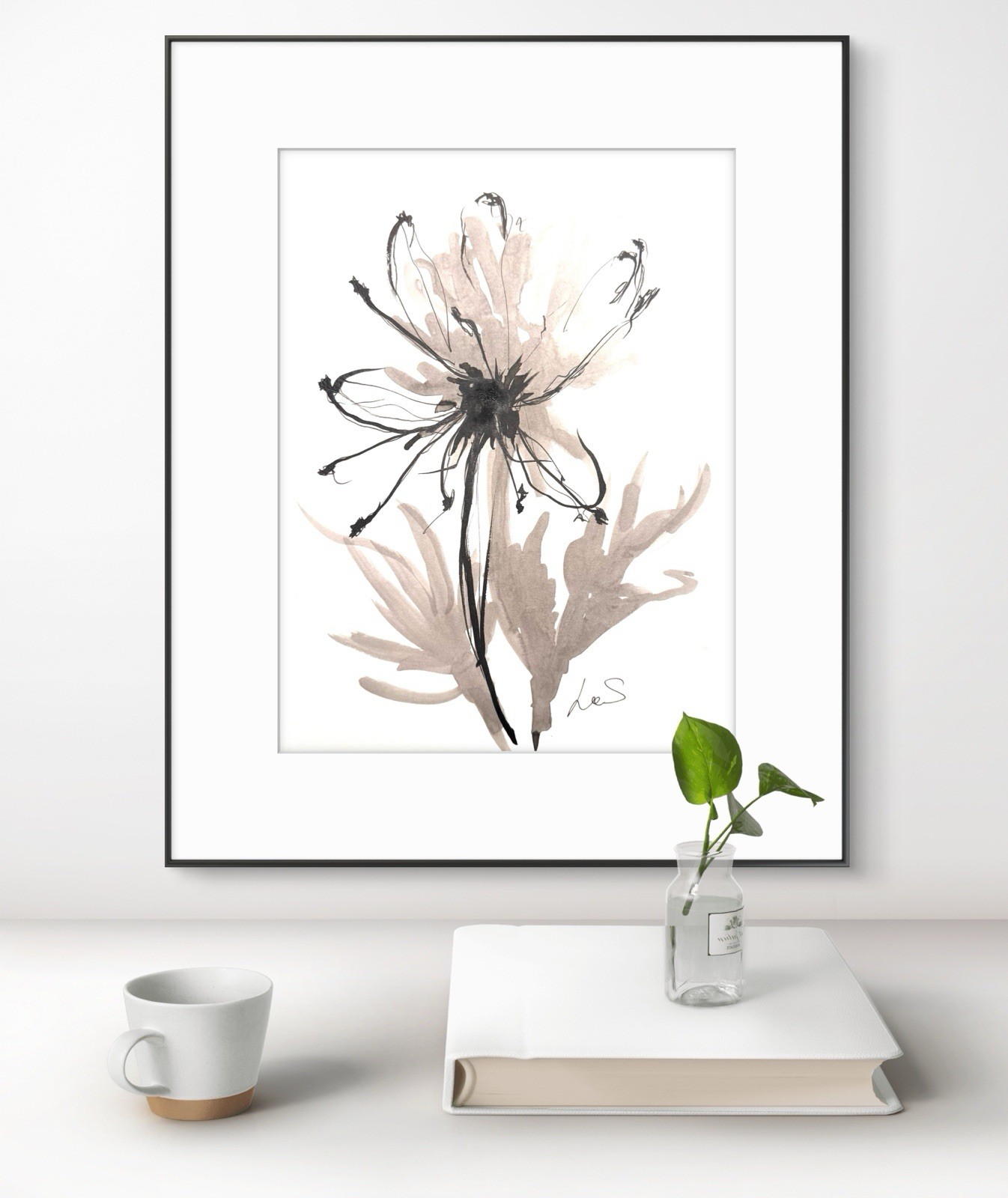 Original Abstract Expressionism 9X12 Monochrome Flower Handmade Signed 11