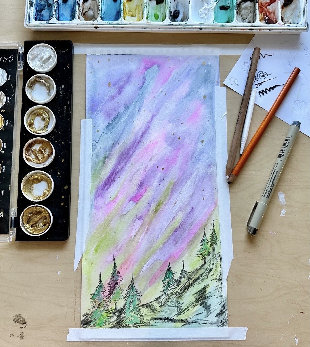 Original Watercolor Painting Aurora Borealis Northern Lights Illustration Art