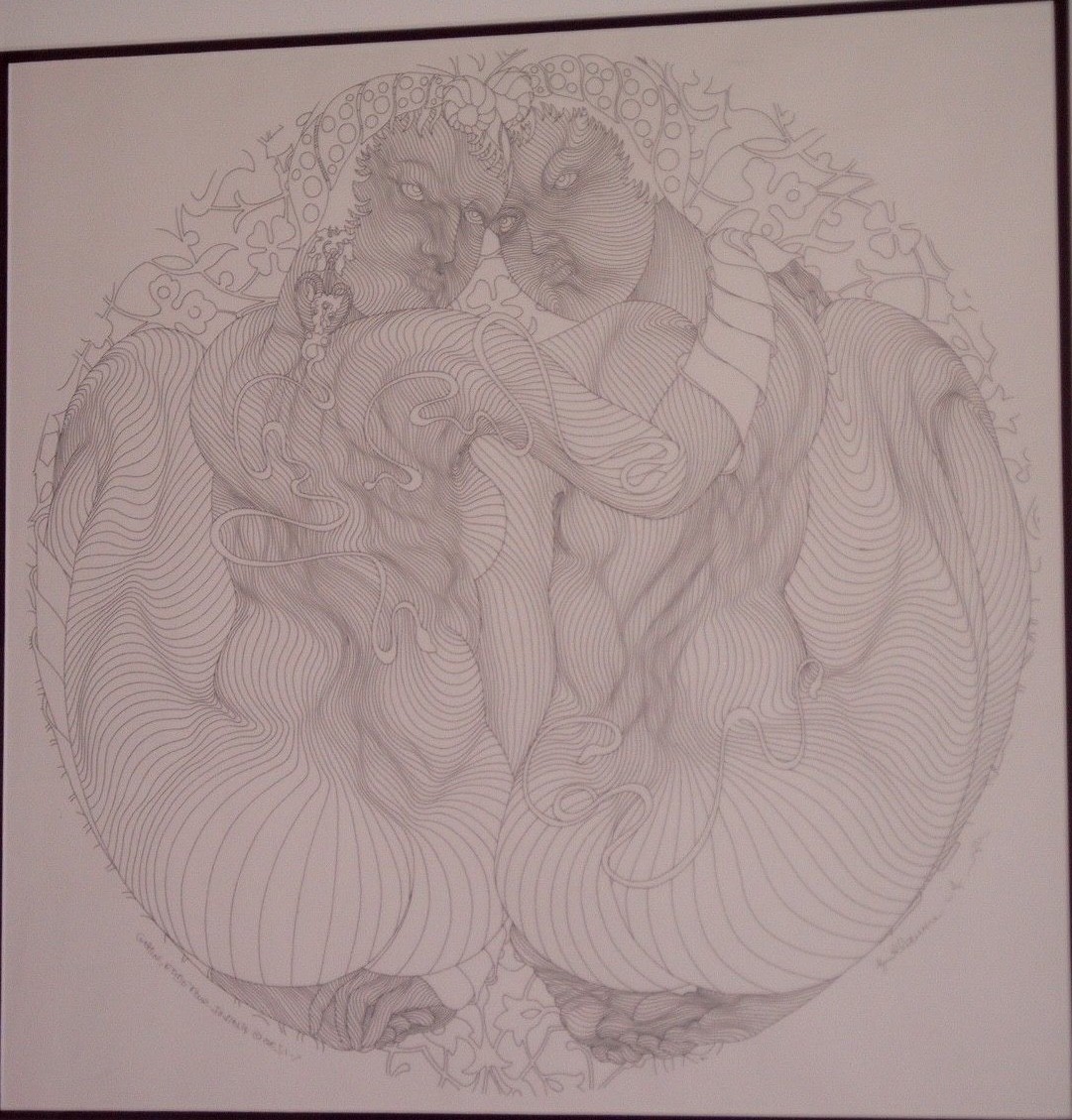 Azoulay, “Gemini” Original Ink and Pen Drawing 31X31 in Custom Frame