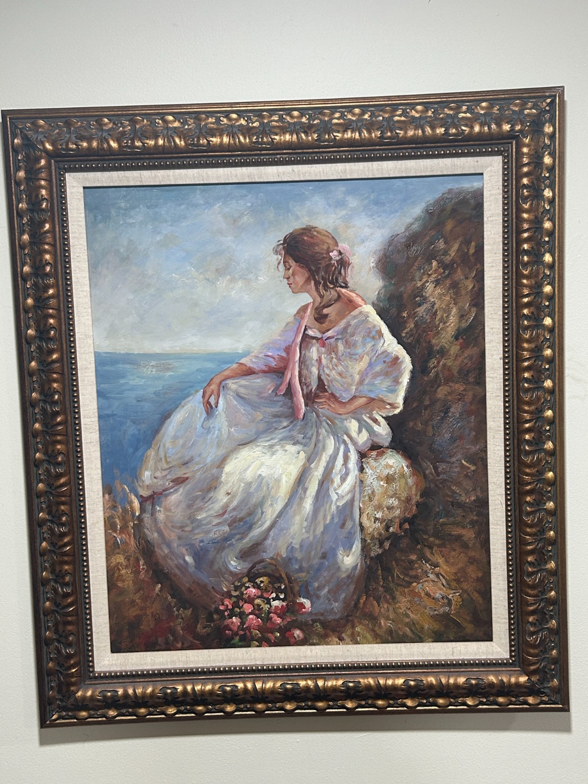 Original Painting – Romantic Woman on Cliff – Impressionist Style – Ornate Gold