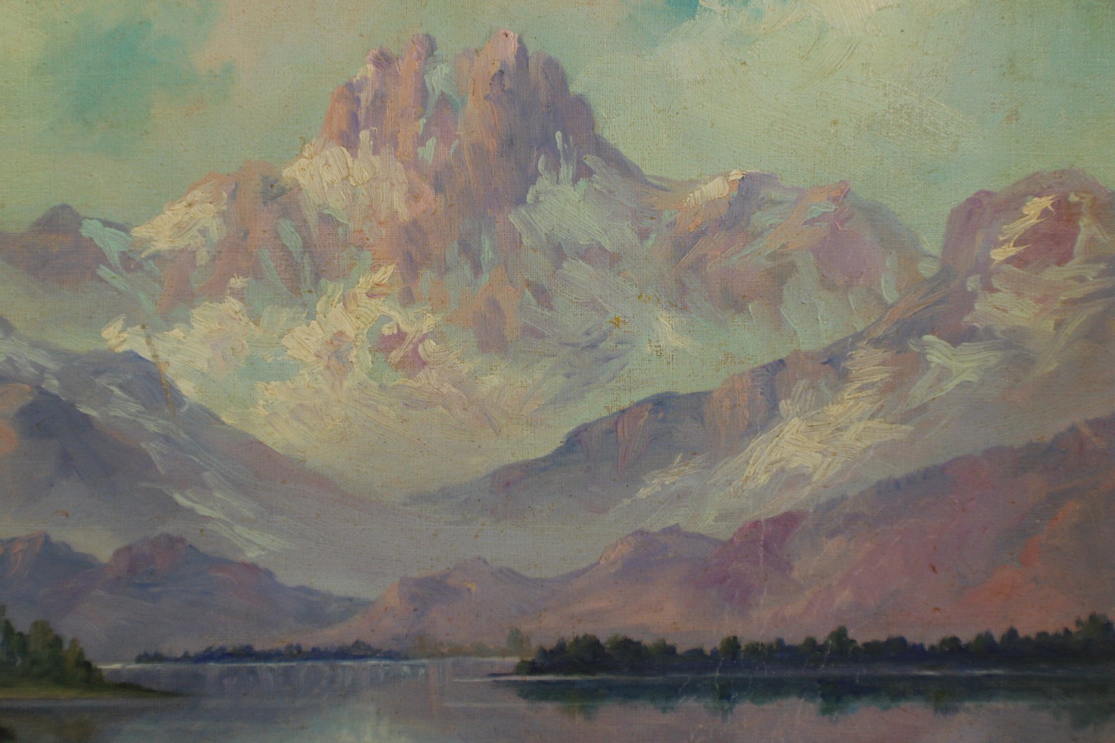 Antique Gem Snow Capped Mountain Lake Small Landscape Oil Painting Unsigned