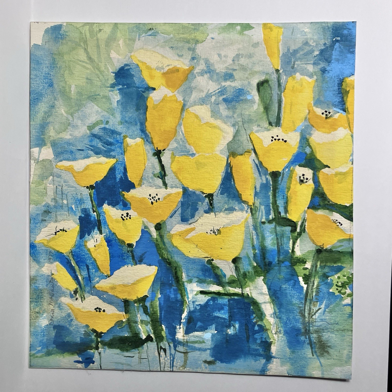 ORIGINAL WATERCOLOR of Yellow Poppies / DONNA McCAULEY? / 12×13 Inches / SIGNED