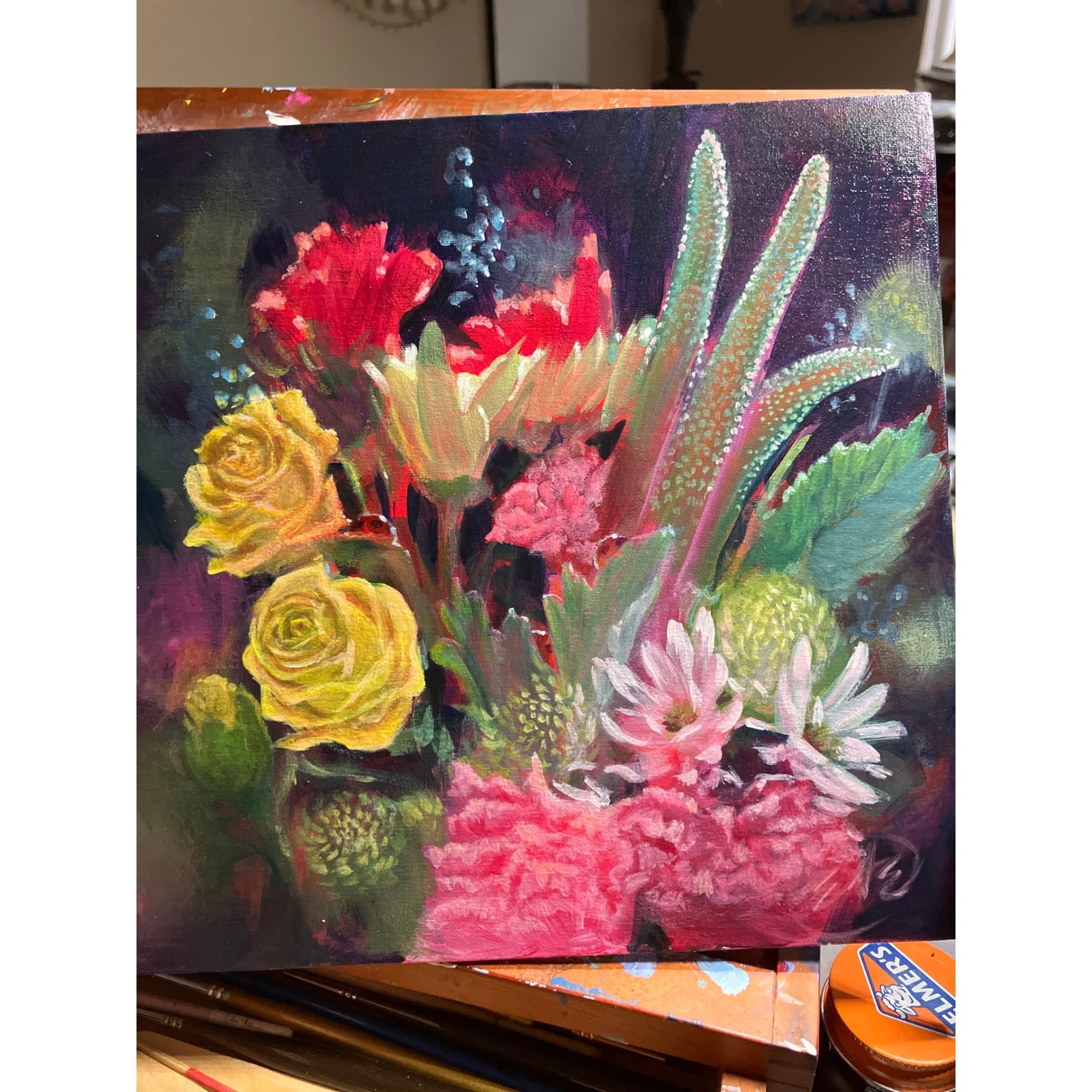 Original Painting floral still life Art ladybugs Rose bouquet Flowers US Artwork
