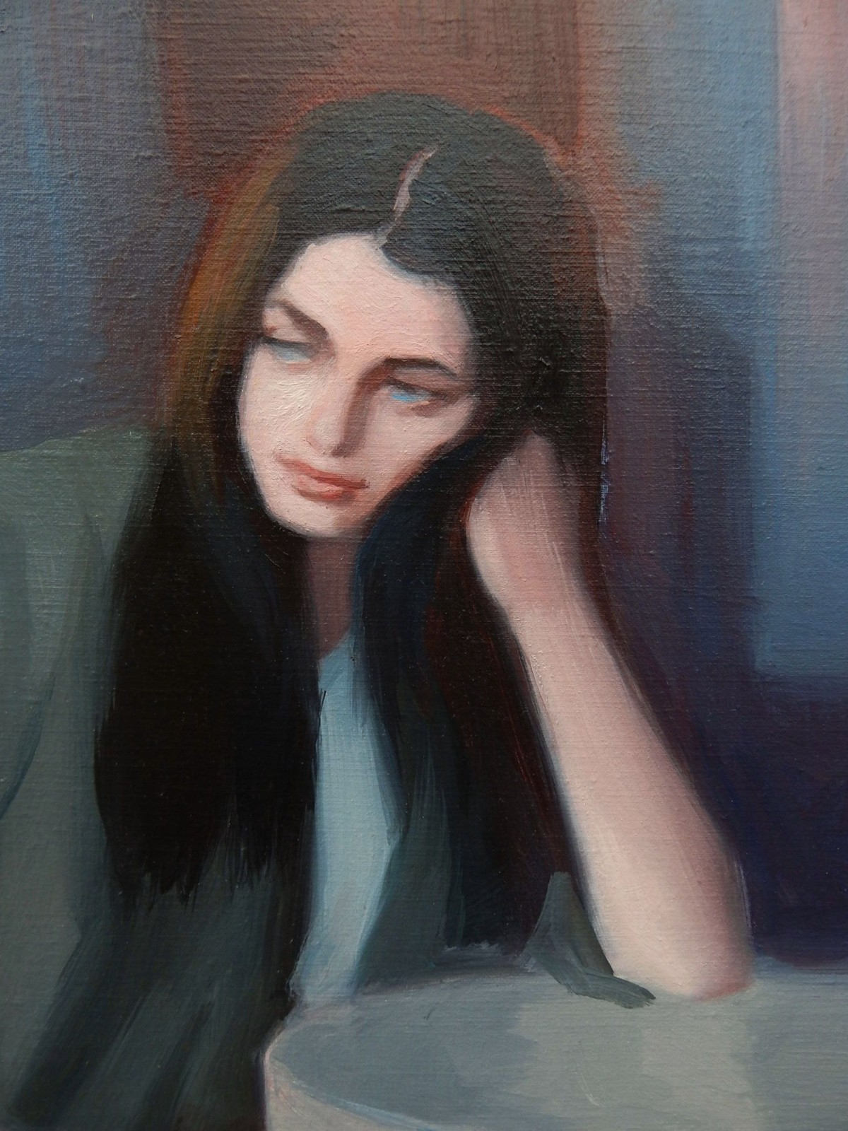 Original Oil Painting Girl in Cafe 20×16″ Signed 2022